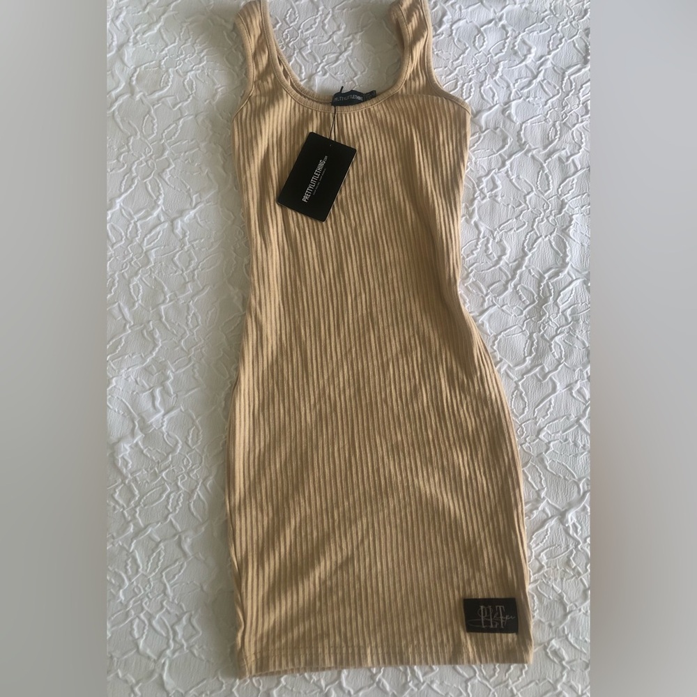 NWT PrettyLittleThing Beige Ribbed Tank Midi Dress